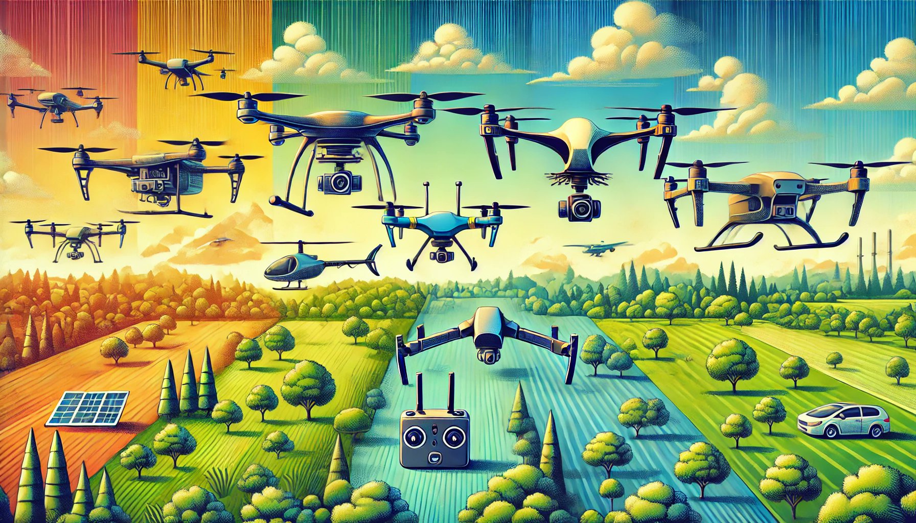 Many different drones flying over a landscape