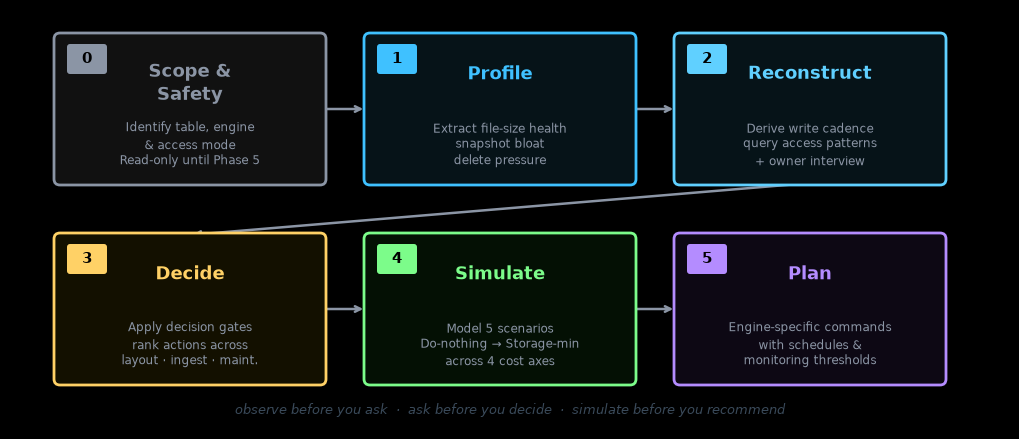 The six-phase workflow: Scope & Safety → Profile → Reconstruct → Decide → Simulate → Plan. Each phase gates the next; destructive commands require explicit approval before Phase 5.